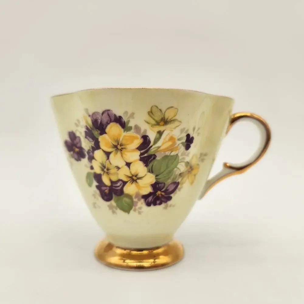 Footed Teacup & Saucer Clarence Bone China England Purple &‎ Yellow Violets Gold